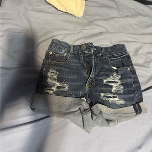 American Eagle Outfitters Dark Blue Distressed Cuffed Denim Shorts